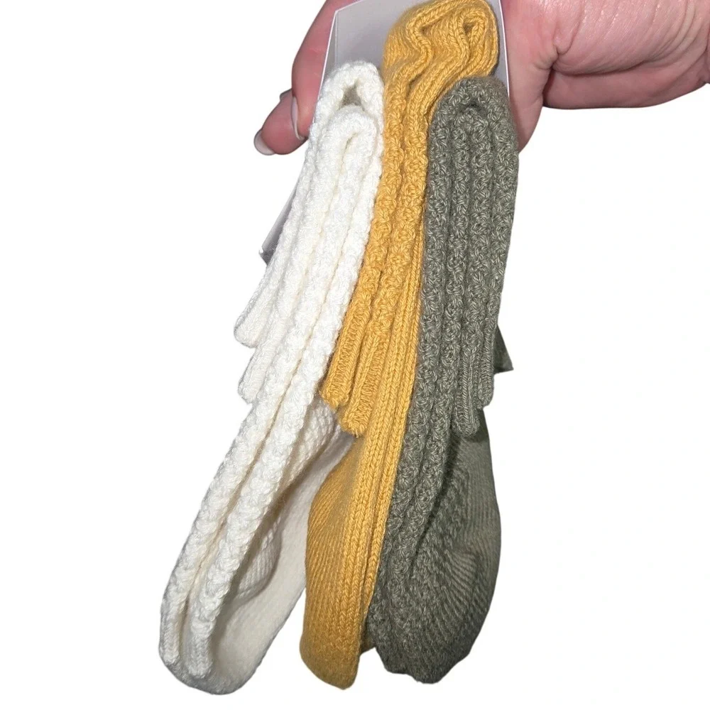 Auden Womens Textured Stitch Ankle Socks 3pk Ivory Gold Olive Shoe Size 4-10
